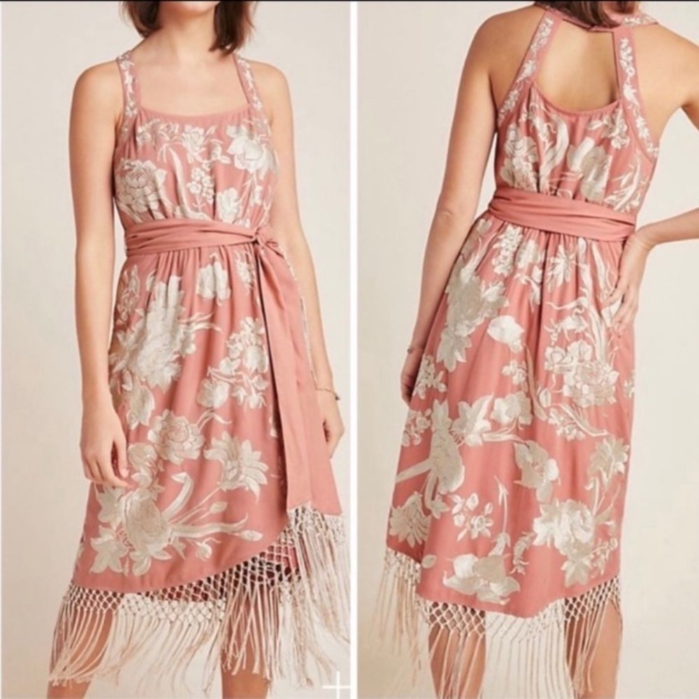 Anthropologie Pink Floral Embroidered Fringe Wrap Midi Dress Size 2P